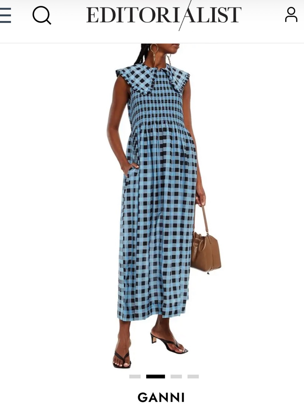 Ganni Blue and Black Gingham Smocked Maxi Dress cotton and silk